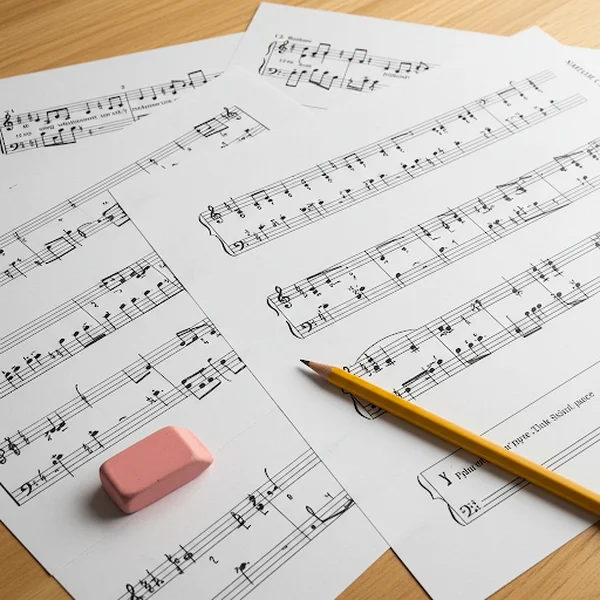 Printed staff paper examples on desk (piano, guitar)