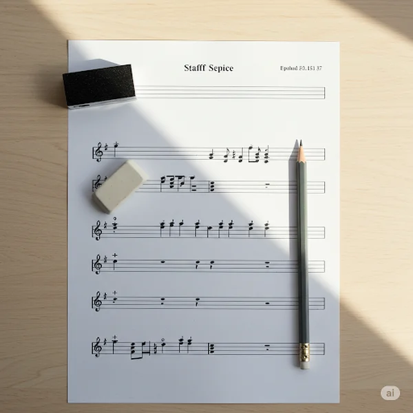 Staff paper writing tools: pencil, eraser, blank sheet.