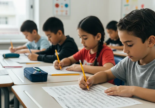 Students writing music on staff paper in a classroom