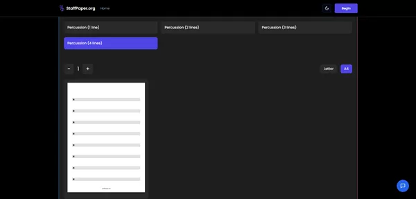 หน้าแรกของ StaffPaper.org ที่มีเทมเพลตกระดาษห้าเส้นฟรี