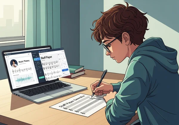 Student practicing music theory on custom staff paper