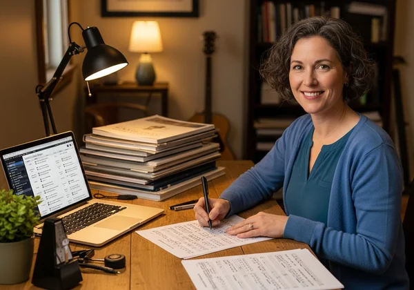 Music teacher planning lessons with staff paper and notes