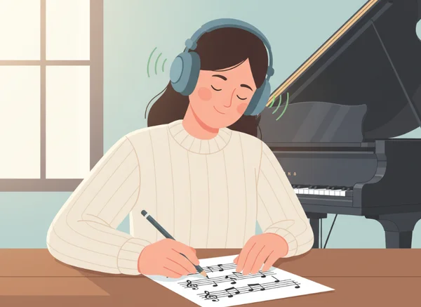 Person transcribing music onto staff paper