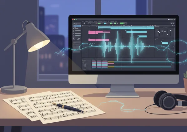 Composer blending paper notation with a digital workstation