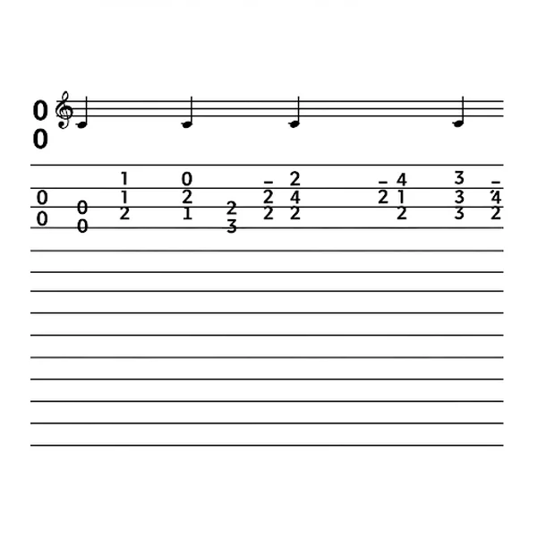 Guitar tab paper example with six lines and fret numbers.