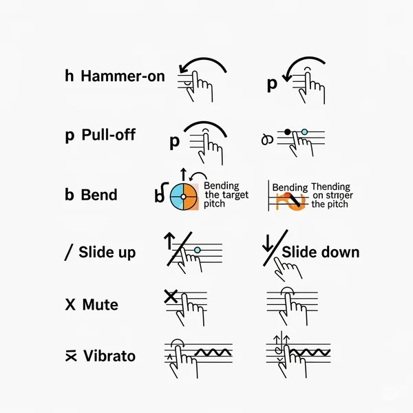 Chart of common guitar tab symbols like h, p, b, slide