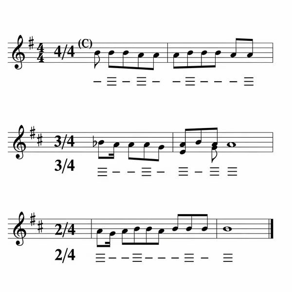 Examples of 4/4, 3/4, 2/4 time signatures on staff paper