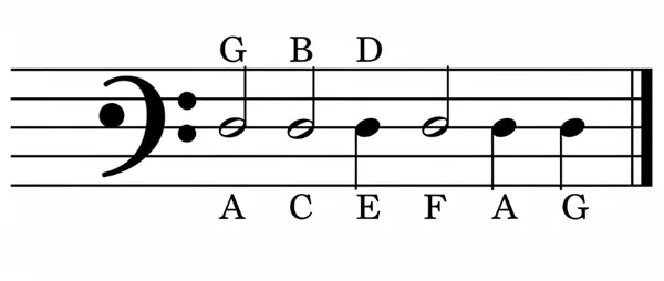 Diagram showing bass clef and notes on a music staff.