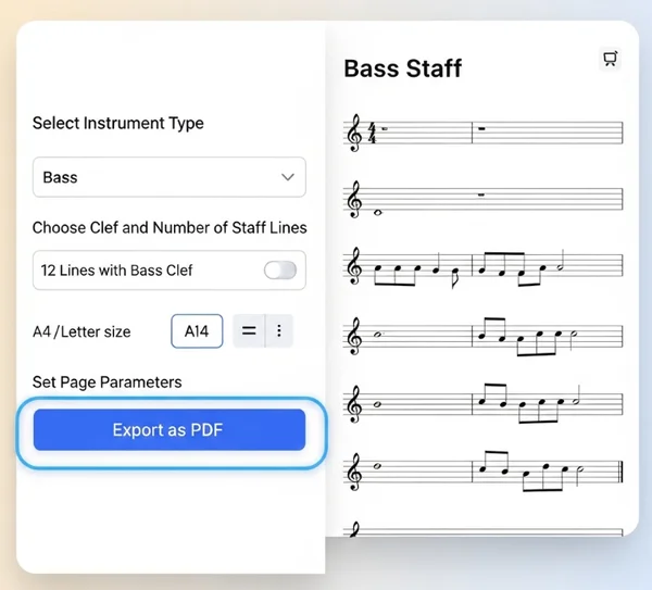 Screenshot of StaffPaper.org custom bass staff paper tool.