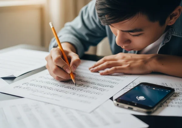 Eine Person hält schnell musikalische Ideen auf Notenpapier fest