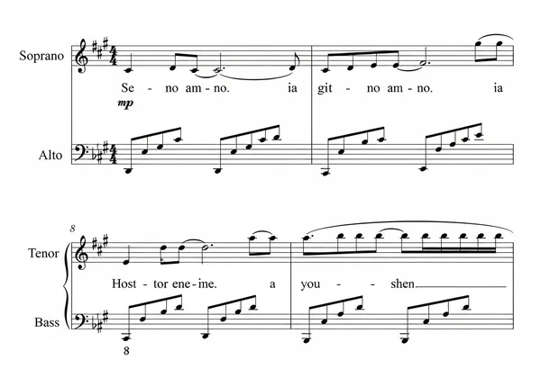 ตัวอย่างการประสานเสียง SATB ที่ชัดเจนบนบทเพลงดนตรี