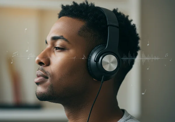 Person listening intently to music with headphones