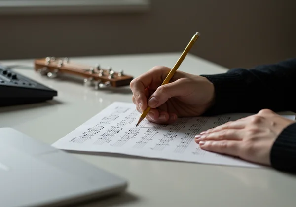 Person composing music by hand on staff paper