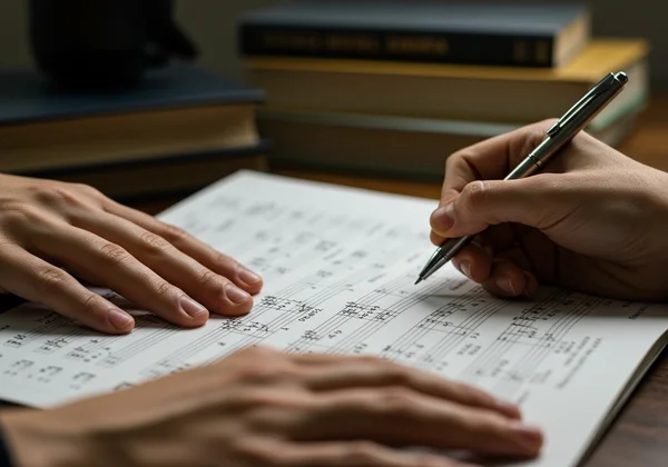 Composer writing music on custom printed staff paper