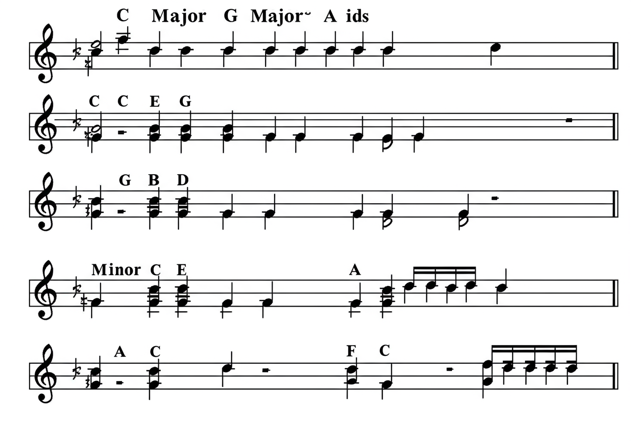 Notated C-G-Am-F chord progression on treble clef staff