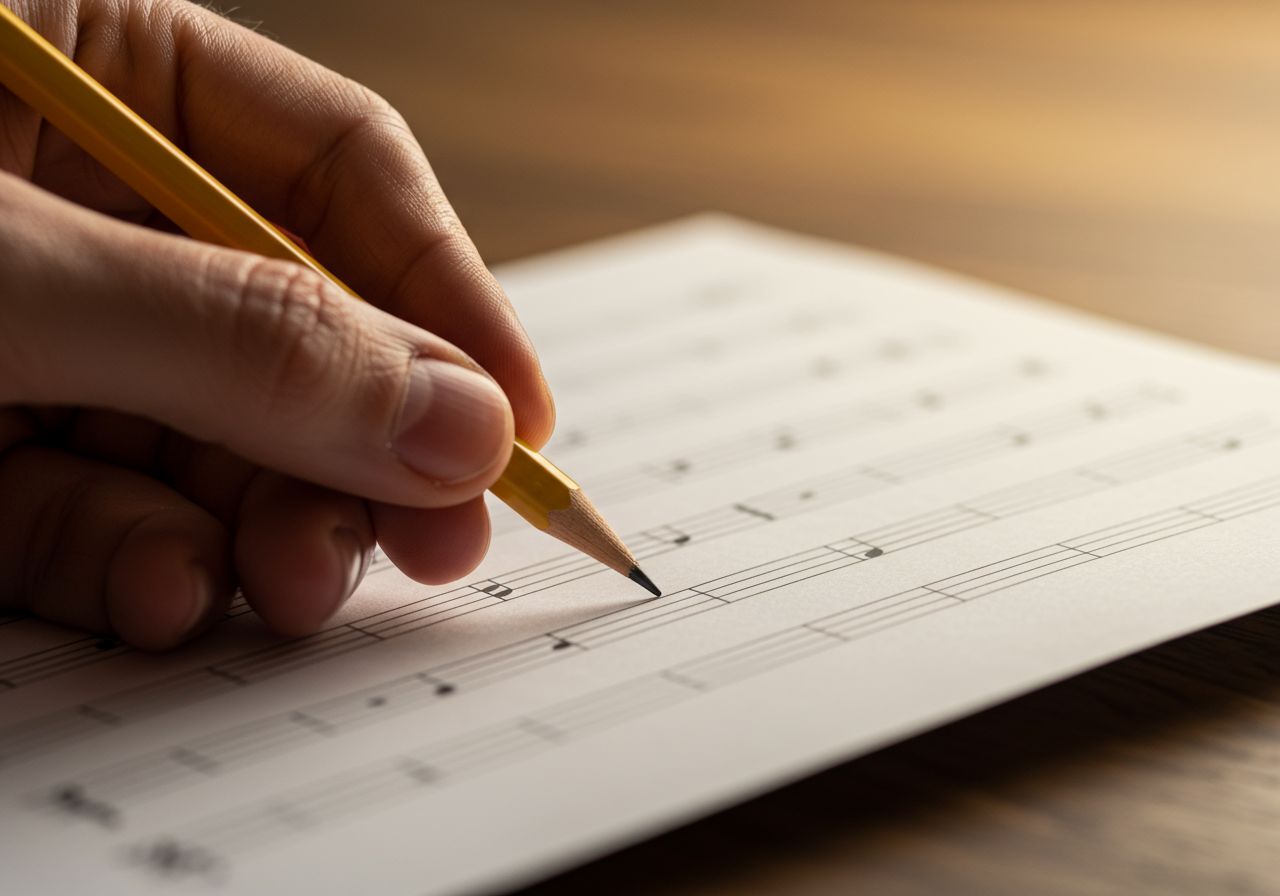 Hand holding pencil over blank staff paper for music