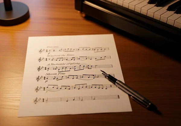A musician's hands writing notes on blank sheet music.