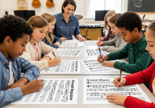 Diverse students learning music with custom staff paper